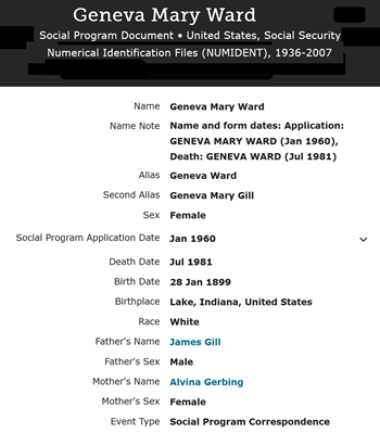 Geneva (Genevieve) Gill Ward obituary info, Class of 1917
