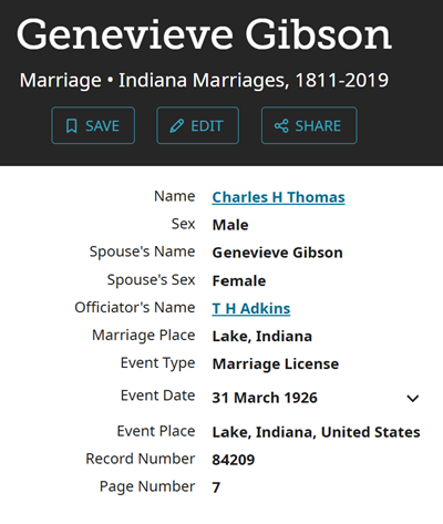 Genevieve Gibson Thomas marriage info, Class of 1907