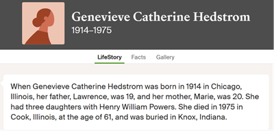 Genevieve Hedstrom Powers life info, Class of 1934