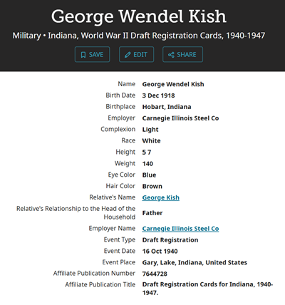 George Kish life info, Class of 1937