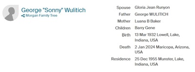 George "Sonny" Wulitich, Jr. life info, Class of 1951