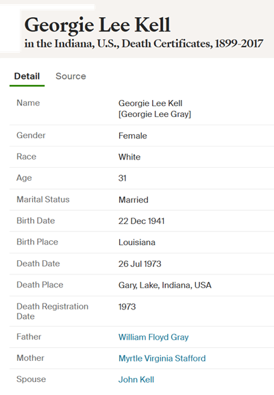 Georgie Lee Gray Kell death cert info, Class of 1960