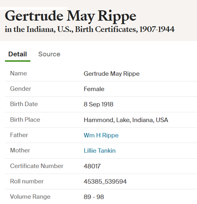 Gertrude Rippe Lewzander birth cert into, Class of 1936