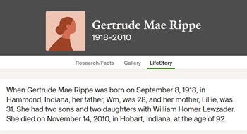 Gertrude Rippe Lewzander life info, Class of 1936