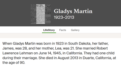 Gladys Martin Lehman marriage info, Class of 1940