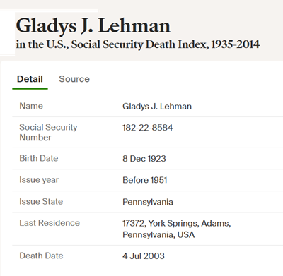 Gladys Martin Lehman marriage info, Class of 1940