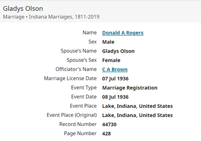 Gladys Olson marriage info, Class of 1928