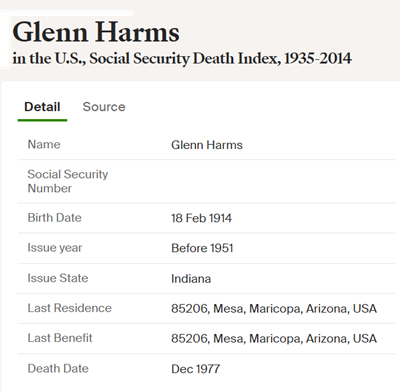 Glenn Harms obit info, Class of 1932