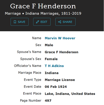 Grace Henderson Hoover marriage record, Class o1 1917