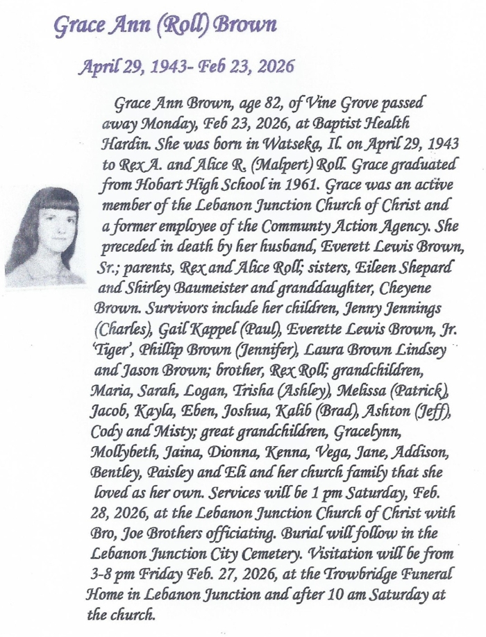 Grace Roll Brown obit, Class of 1961