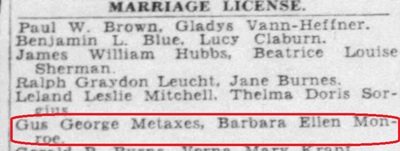 Gus Metaxas marriage info, Class of 1934