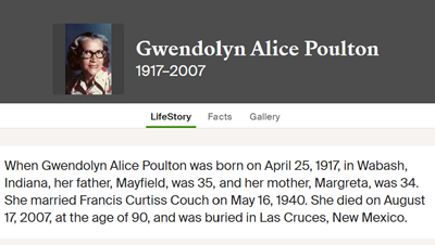Gwendolyn Poulton Couch life info, Class of 1935