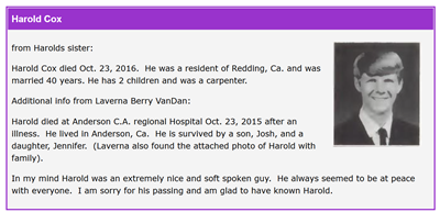 Harold Cox memorial page, Class of 1971