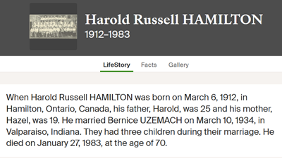 Harold Hamilton life info, Class of 1931