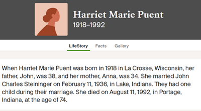 Harriet Puent Steininger life info, Class of 1935