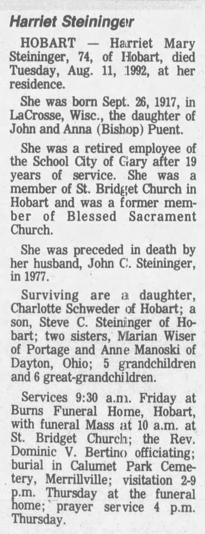 Harriet Puent Steininger obit, Class of 1935