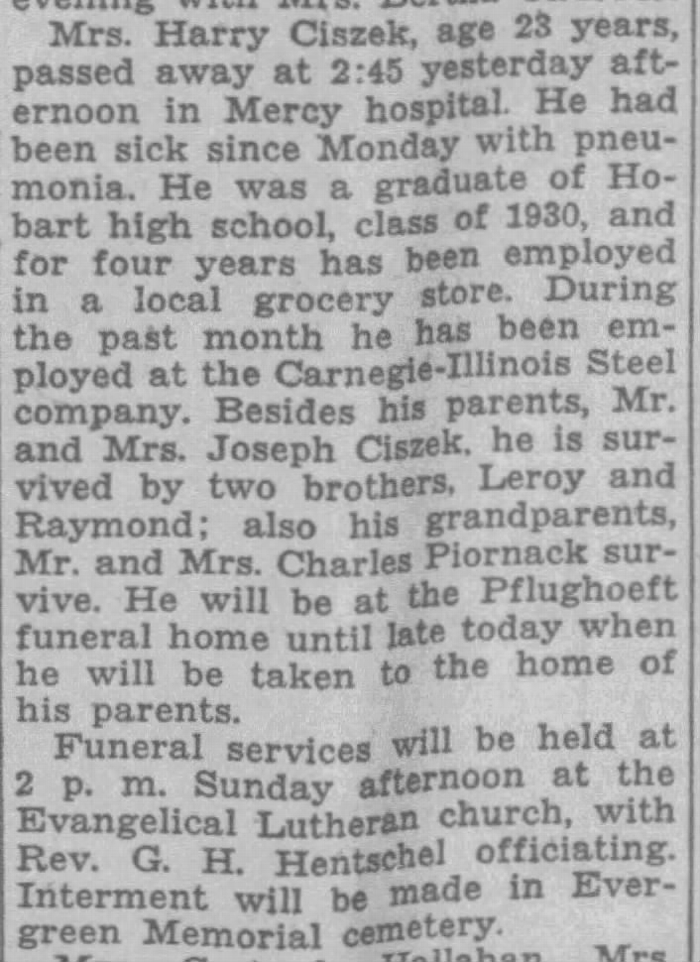 Harry Ciszek obituary, Class of 1930
