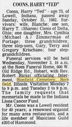 Harry Coons obituary, Class of 1927