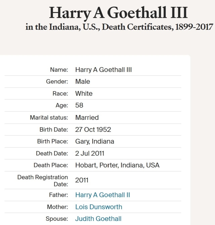 Harry Goethall III death certificate, Class of 1971