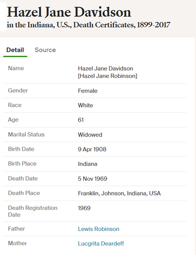 Hazel Robinson Davidson death cert info, Class of 1926