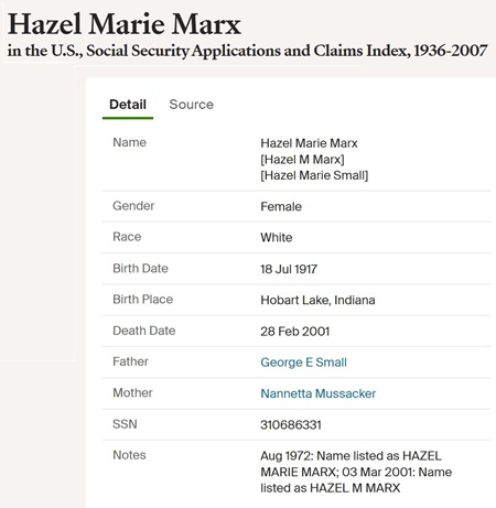 Hazel Small Marx Social Security Claim, Class of 1936
