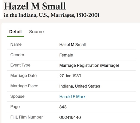 Hazel Small Marx marriage certificate informatoin, Class of 1936