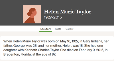 Helen Bardash Taylor life info, Class of 1945