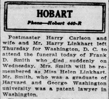 Helen Linkhart Smith's husband Frank's obituary notice, Class of 1920