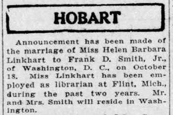 Helen Linkhart Smith marriage notice, Class of 1920