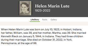 Helen Lute Rieck life info, Class of 1941