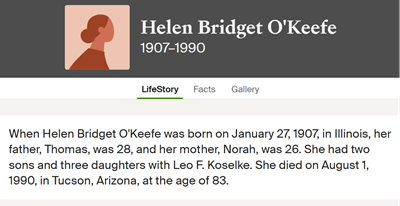 Helen O'Keefe Koselke marriage and obit info, Class of 1925