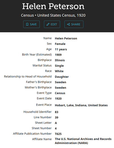 Helen Peterson census info, Class of 1924