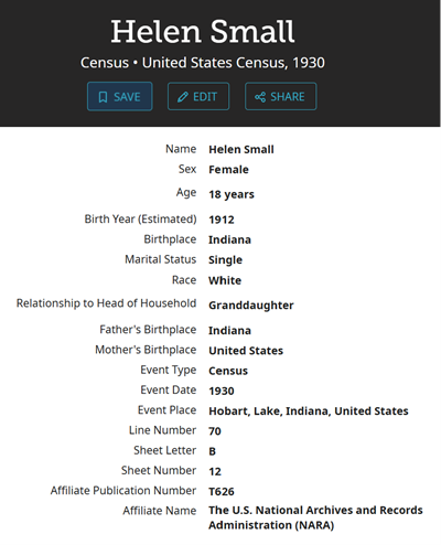 Helen Small Howard census info, Class of 1929