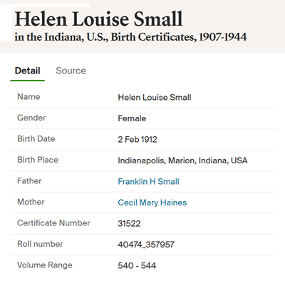 Helen Small Howard, birth cert info