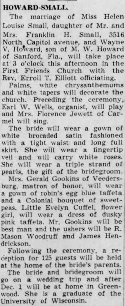 Helen Small Howard marriage article, Class of 1929