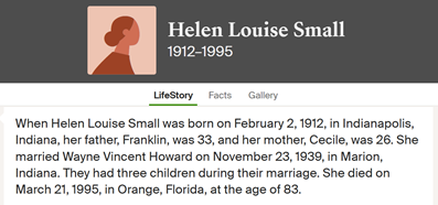 Helen Small Howard obir info, Class of 1929