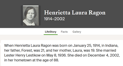 Henrietta Ragon Lestikow Ancestry info, Class of 1931