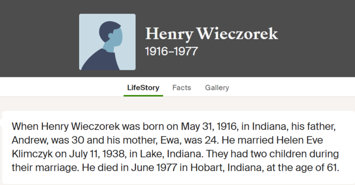 Henry Wieczorek life info, Class of 1934