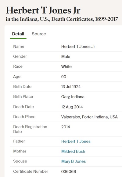 Herbert Jones death cert info, Class of 1943
