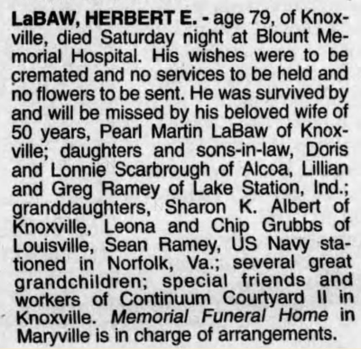 Herbert LaBaw obituary, Class of 1939