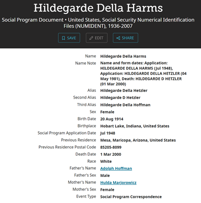 Hildegarde Hoffmann Harms Family Search life info, Class of 1932