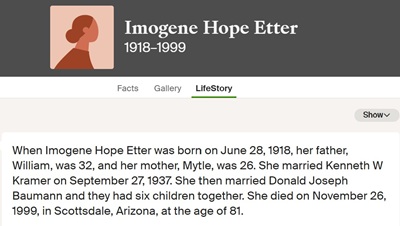 Imogene Ettter Flagler Baumann Kramer, Class of 1936