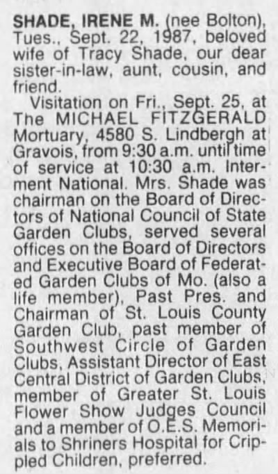 Irene Bolton Shade obit, Class of 1932