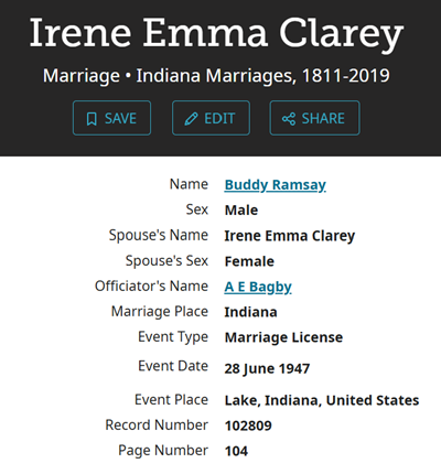 Irene Clarey Ramsay marriage info, Class of 1945