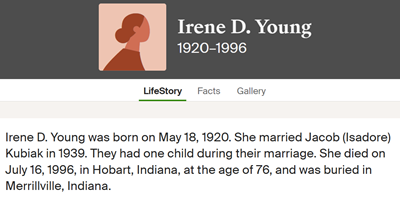 Irene Young Kubiak gravestone, Class of 1938