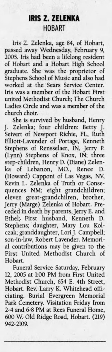Iris Zelenka Stephens obit, Class of 1938