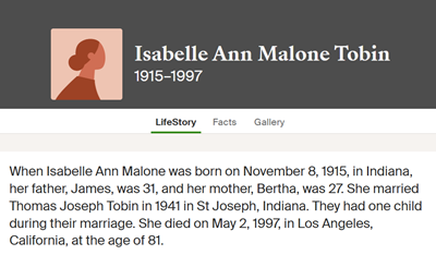 Isabelle Malone Tobin life info, Class of 1934