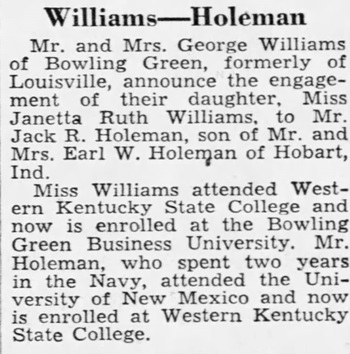Jack Holeman marriage notice, Class of 1947