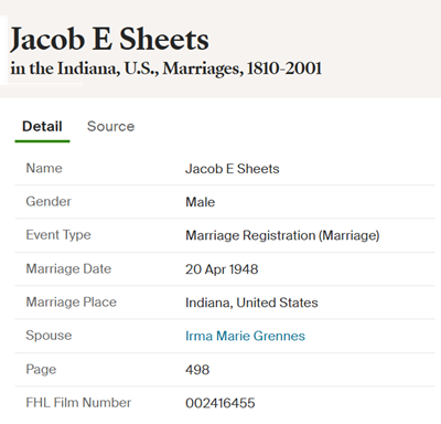 Jacob Sheets marriage info, Class of 1945