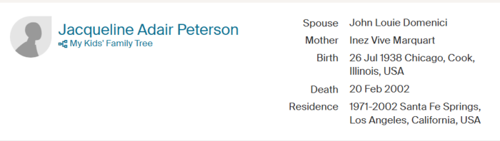 Jacqueline Peterson Domenici Ancestry info, Class of 1956